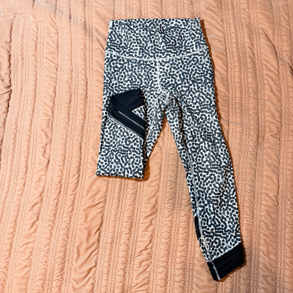 🍋 lululemon athleta Leggings Women High Times Mesh Wrap Crop Tan Polka-Dot Print